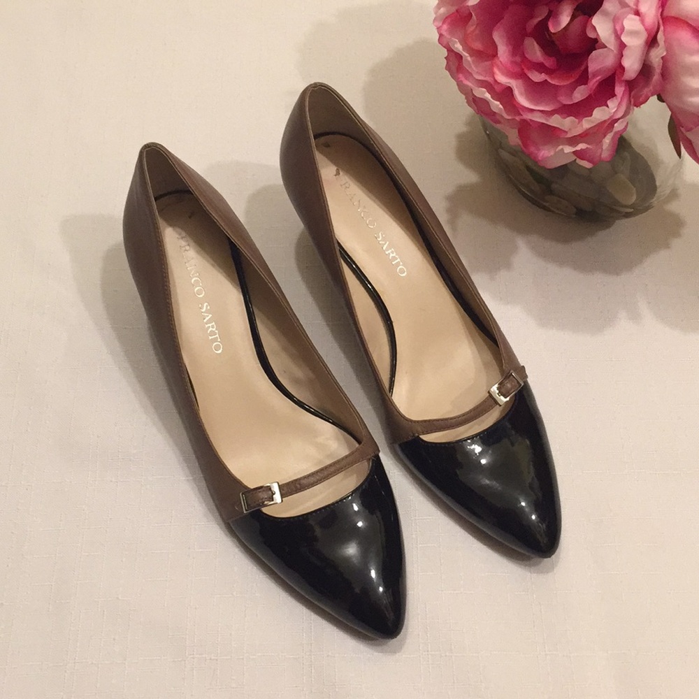 Franco Sarto Rasta tan and black kitten heels